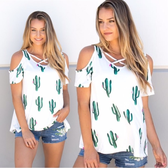Cactus Tops - Cold Shoulder Cutout Cactus Strappy Shirt Top Tee